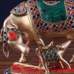 9" Handcrafted Brass Kamdhenu Cow with Calf Statue - Divine Symbol of Fertility, Abundance & Prosperity